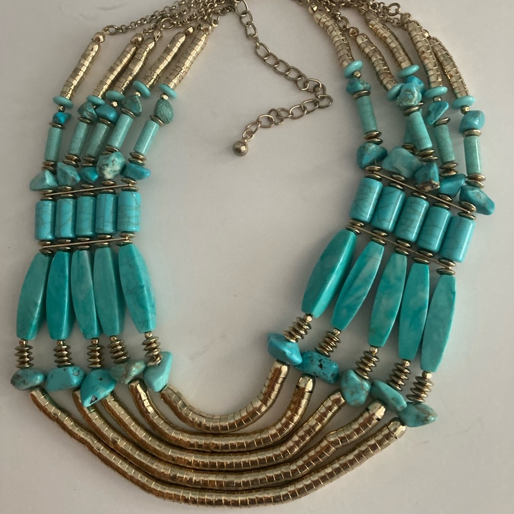Chico’s Turquoise & Gold Statement Bib Necklace - Women Jewelry - Picture 2 of 5